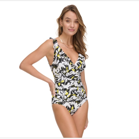 NWT Dkny Women's Ruffle Neck One-Piece Swimsuit - Fluro Yellow Multi (Smudged - Picture 2 of 2
